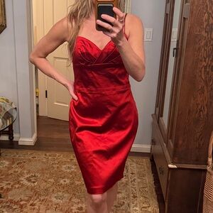 Vintage Red Satin Midi Dress with Sweetheart Neckline
